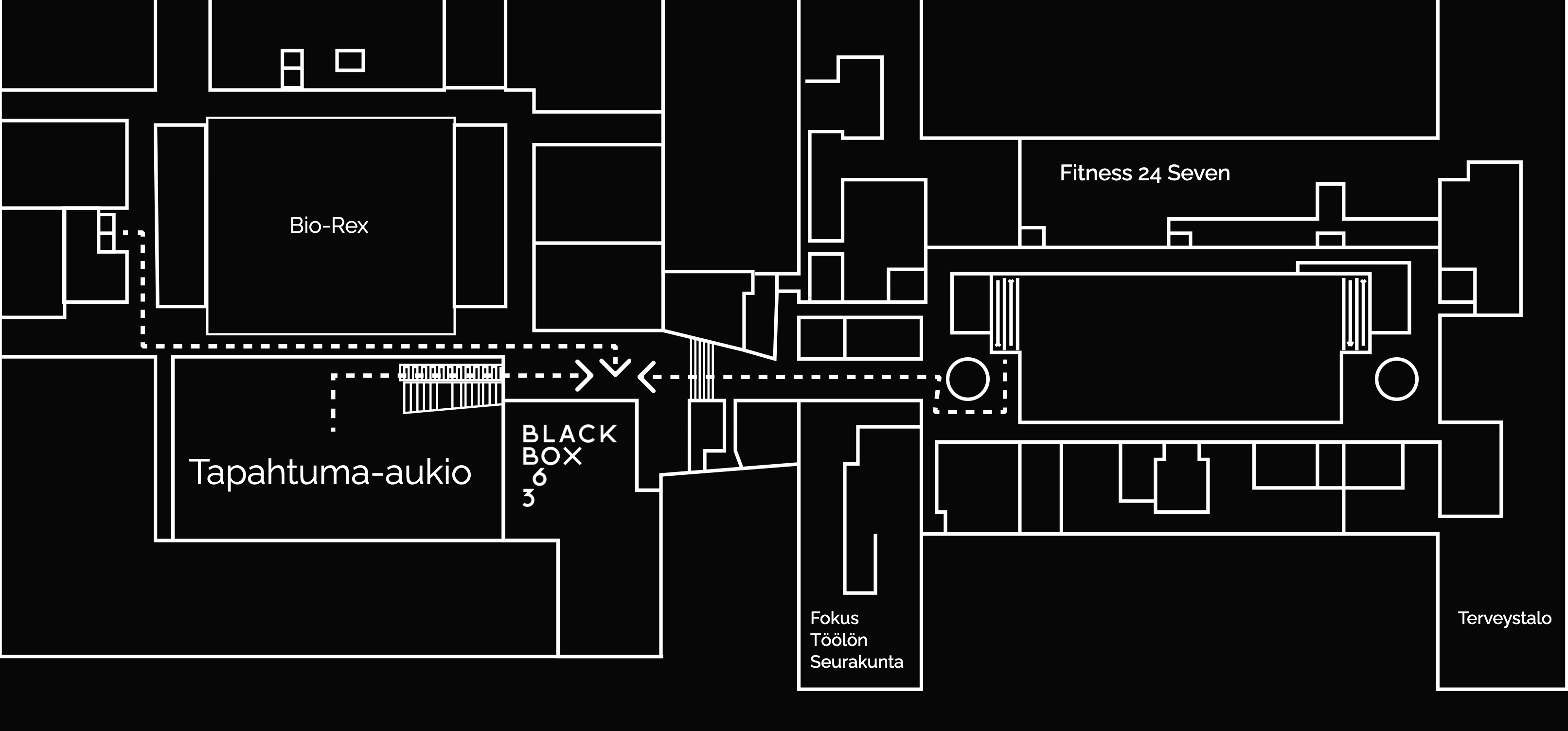 Pohjapiirros Mall of Triplan 5. kerroksesta: reitti Asema-aukiolta ja Tapahtuma-aukiolta Black Box 360:lle