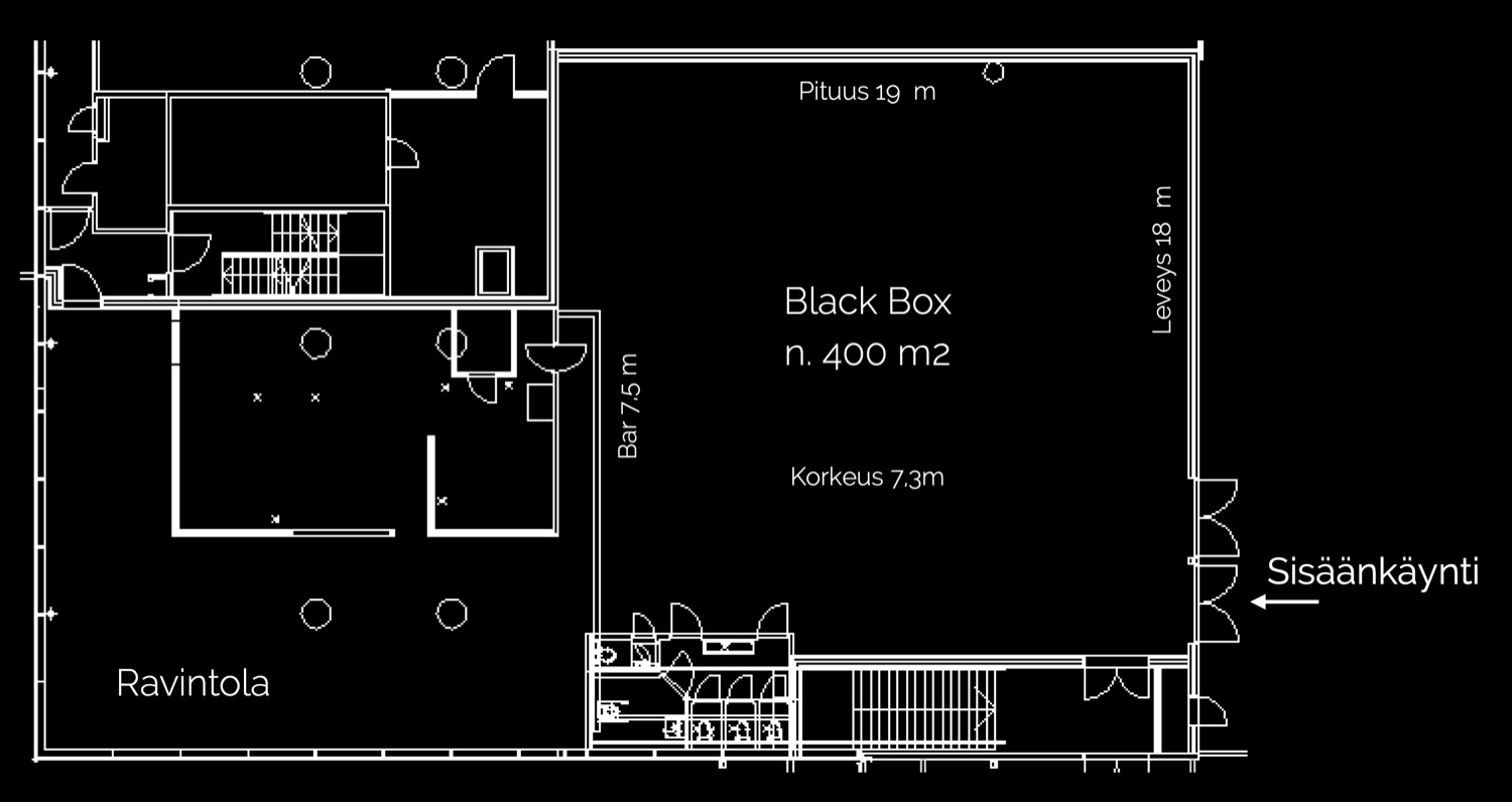Black Box 360 -tapahtumatilan pohjapiirros: Black Box n. 400 m², ravintola, baari ja sisäänkäynti